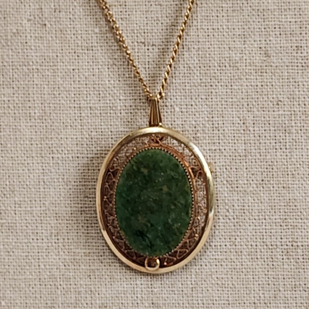 Signed Sarah Coventry Green Jade Pendant with 12k Filagree Frame